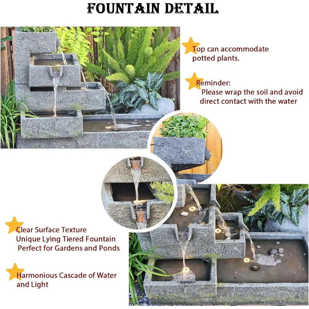 Tiered Water Fountain Outdoor Garden Freestanding Cascade Fountain Modern Concrete Artistry with LED Light