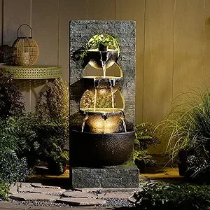 45 Inch Outdoor Water Fountain Garden Large Cascading Waterfall Freestanding Water Feature with Lights for Patio and Backyard