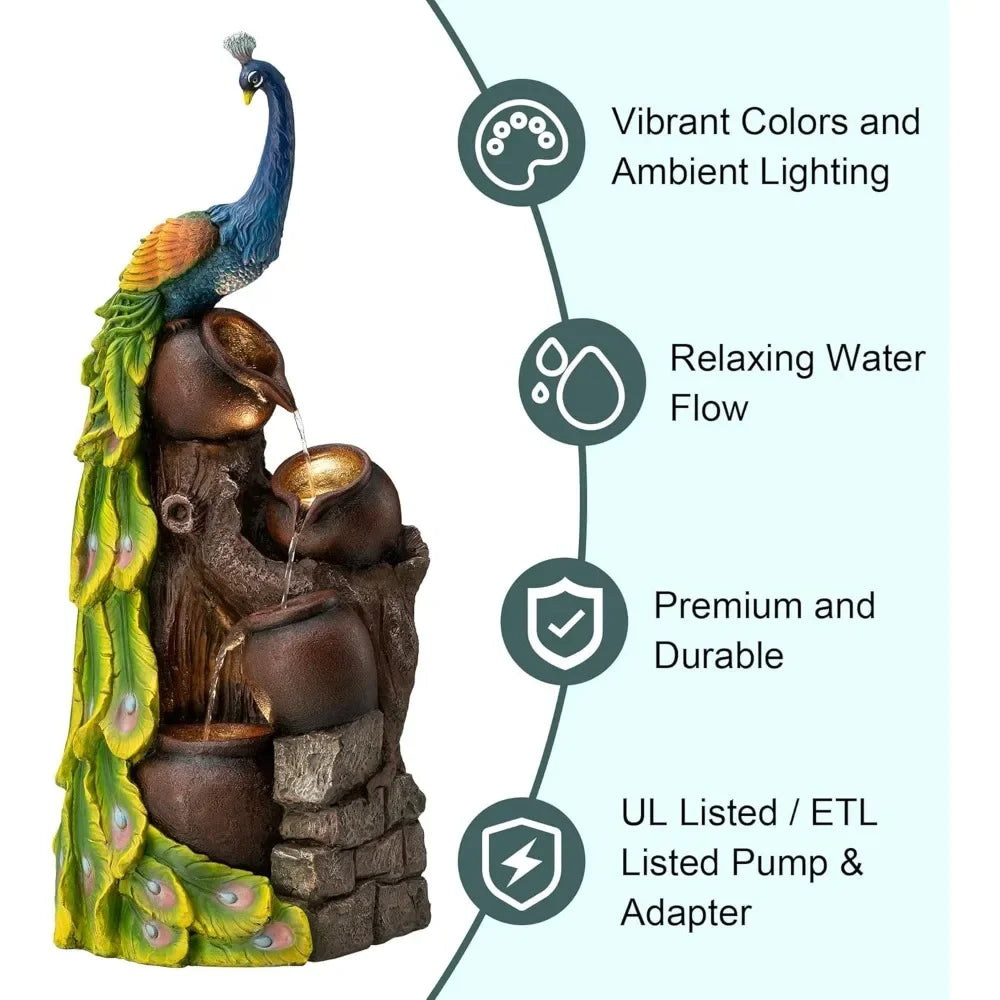 40 Inch Tall Oversized Sculpture Waterfall Fountain with LED Lights Submersible Pump for Garden Terrace Outdoor Use