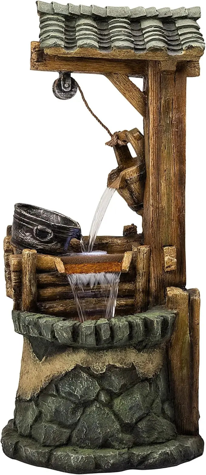 50 Inch Floor Standing Fountain Rustic Soothing Well Outdoor Layered Waterfall Fountain for Gardens