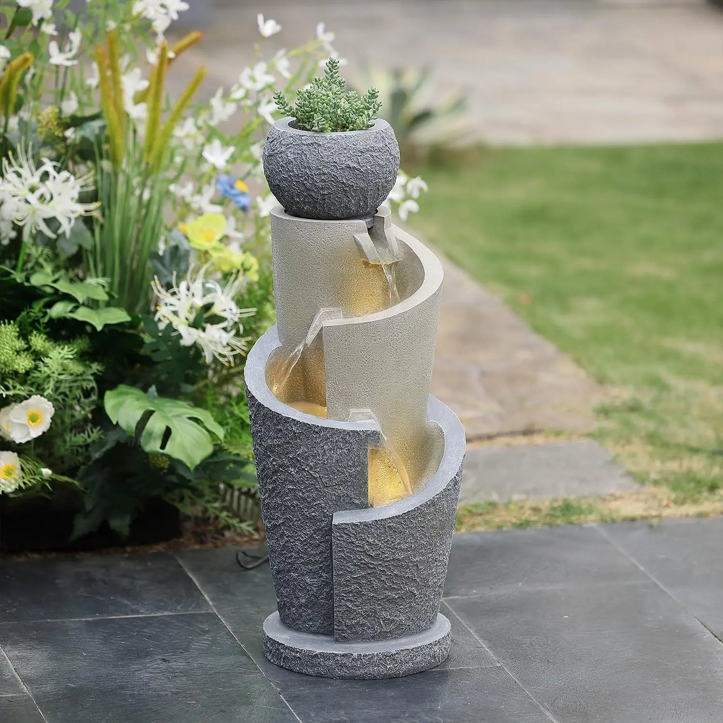 Resin Cascading Spiral Outdoor Patio Garden Fountain with Lights for Backyard Deck and Lawn