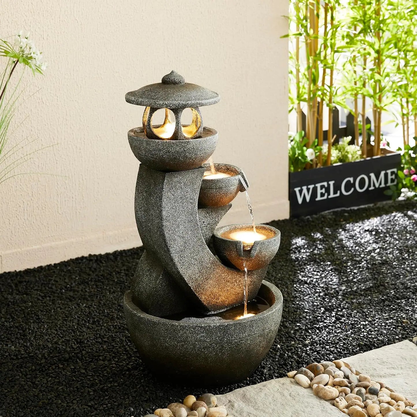 Stone Like Outdoor Water Fountain Bird Bath Patio Fountain Freestanding Waterfall Fountain with Birds Decor