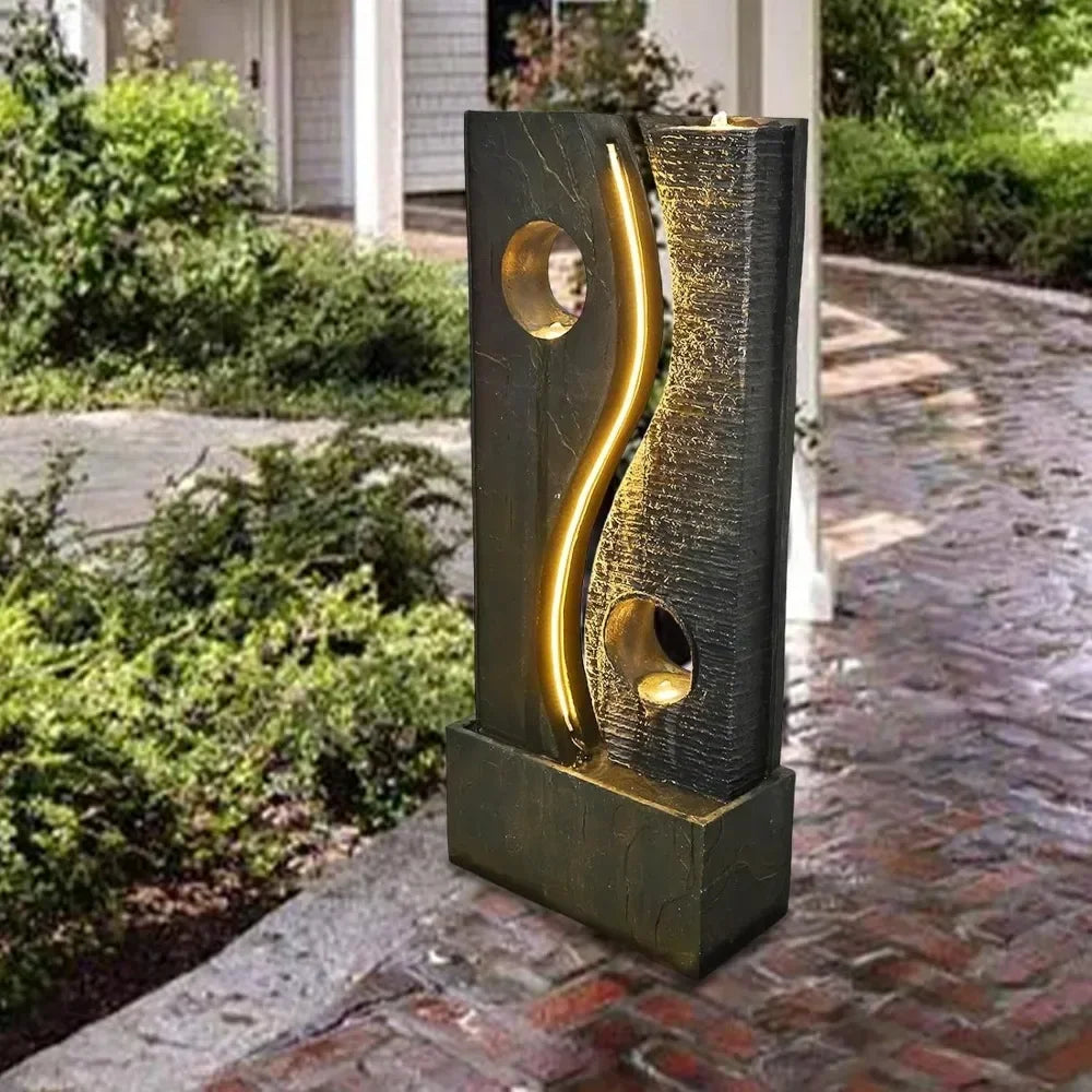 Outdoor Water Fountain Garden Feature - Large Freestanding Modern Waterfall Design with Faux Rust Finish