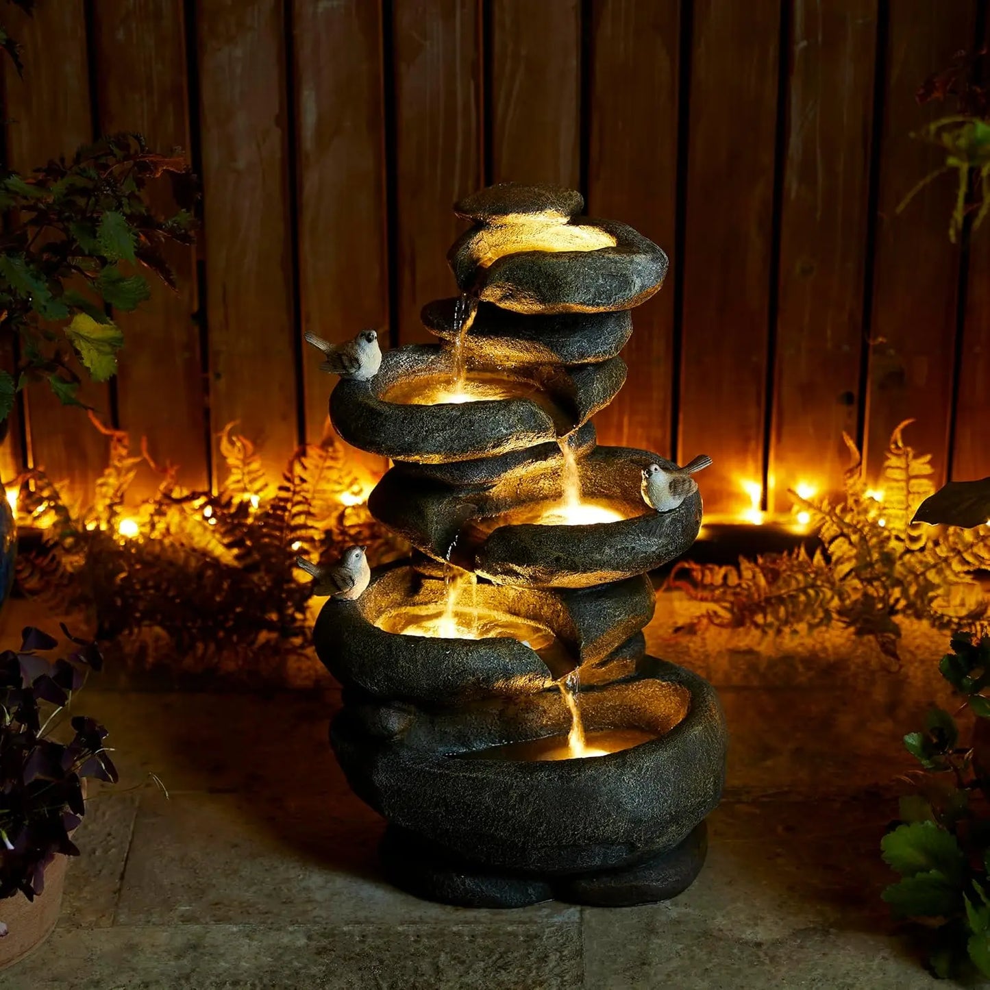 Stone Like Outdoor Water Fountain Bird Bath Patio Fountain Freestanding Waterfall Fountain with Birds Decor