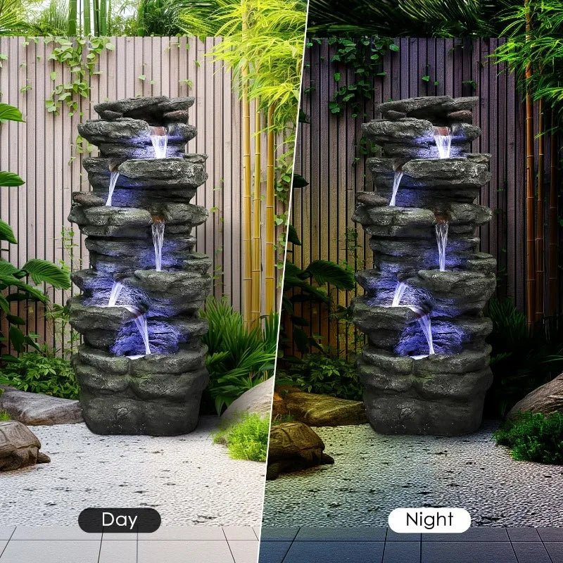 40 Inch High 6 Tiers Cascading Rock Outdoor Water Fountain with LED Lights Large Outdoor Fountains and Waterfalls