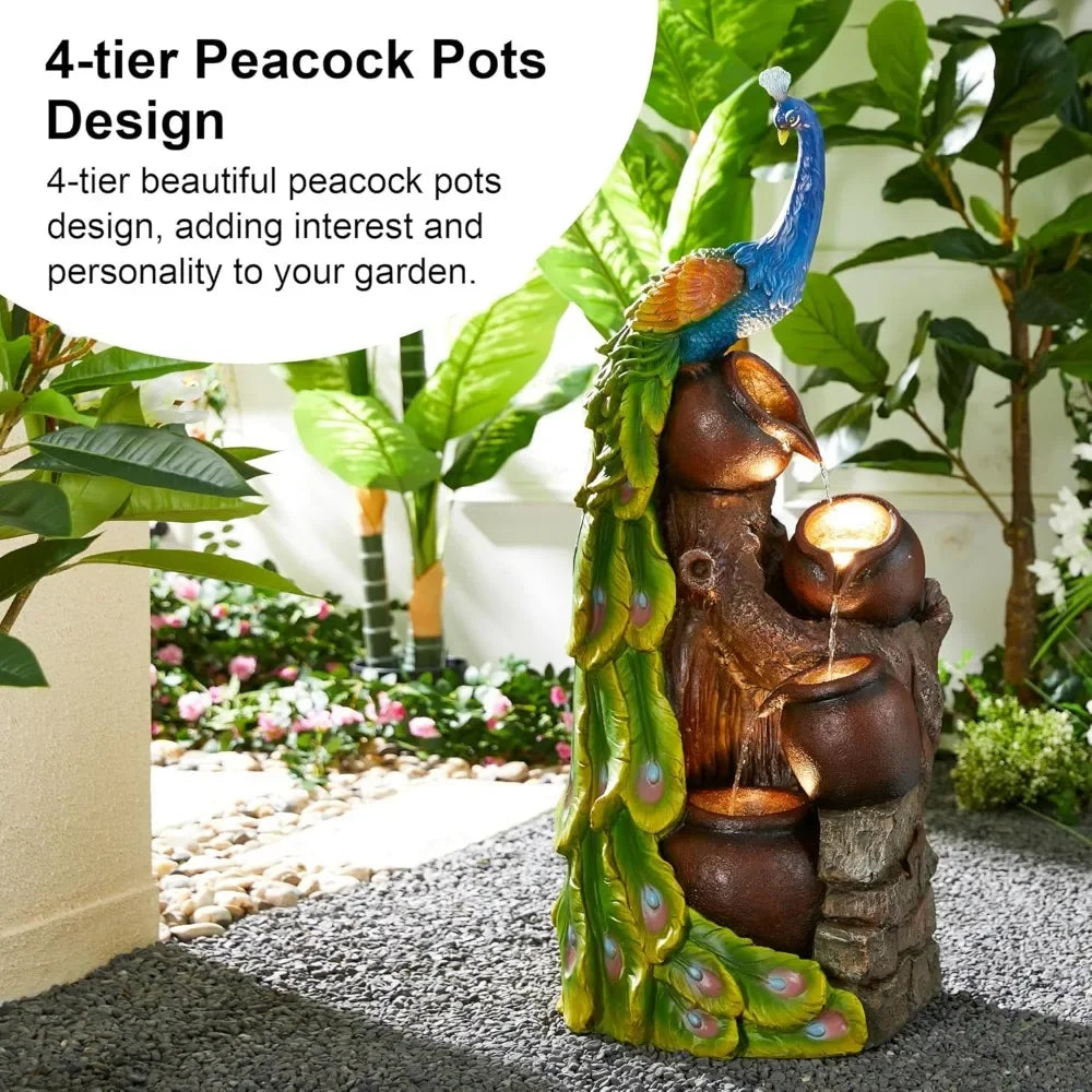 40 Inch Tall Oversized Sculpture Waterfall Fountain with LED Lights Submersible Pump for Garden Terrace Outdoor Use