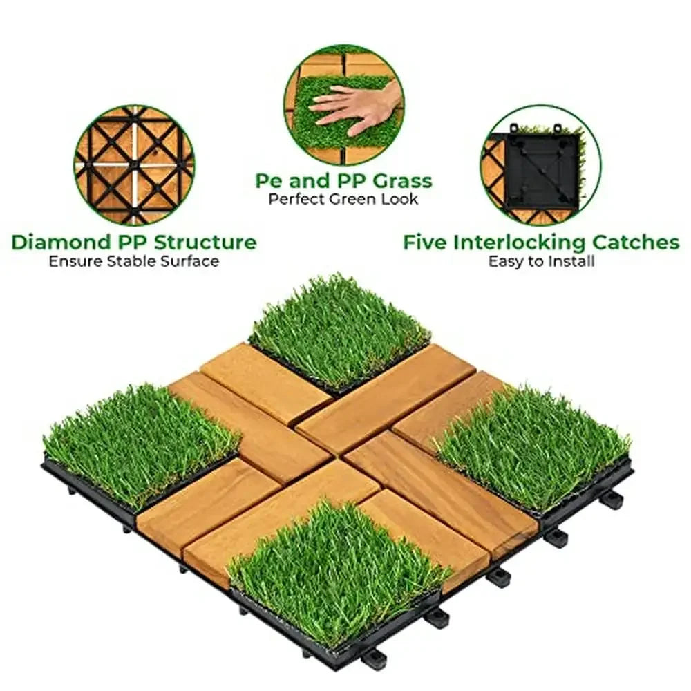 12 Inch by 12 Inch Artificial Grass Tiles Acacia Wood Deck Home Patio Kitchen Outdoor Garden Decor Set of 9 Tiles Natural Feel Soft