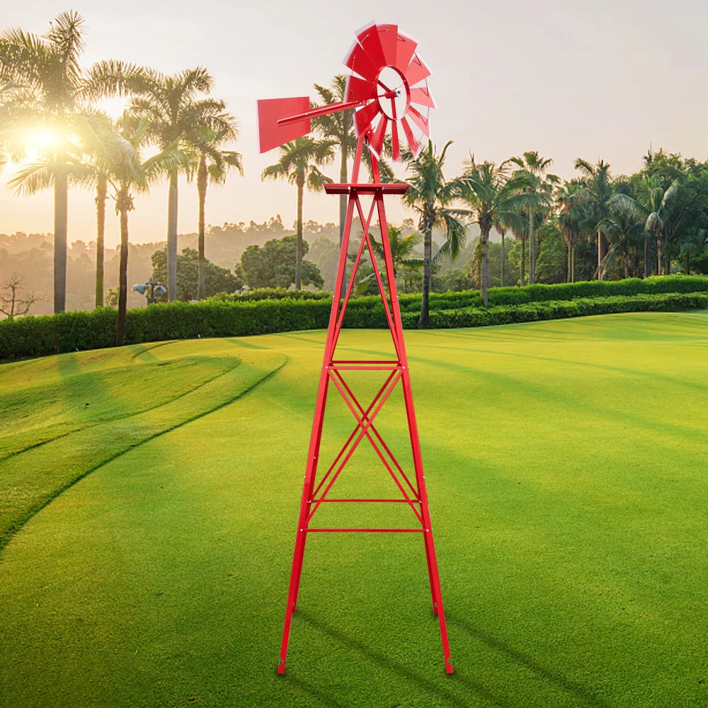 8FT Weather Resistant Red Yard Garden Windmill Decor