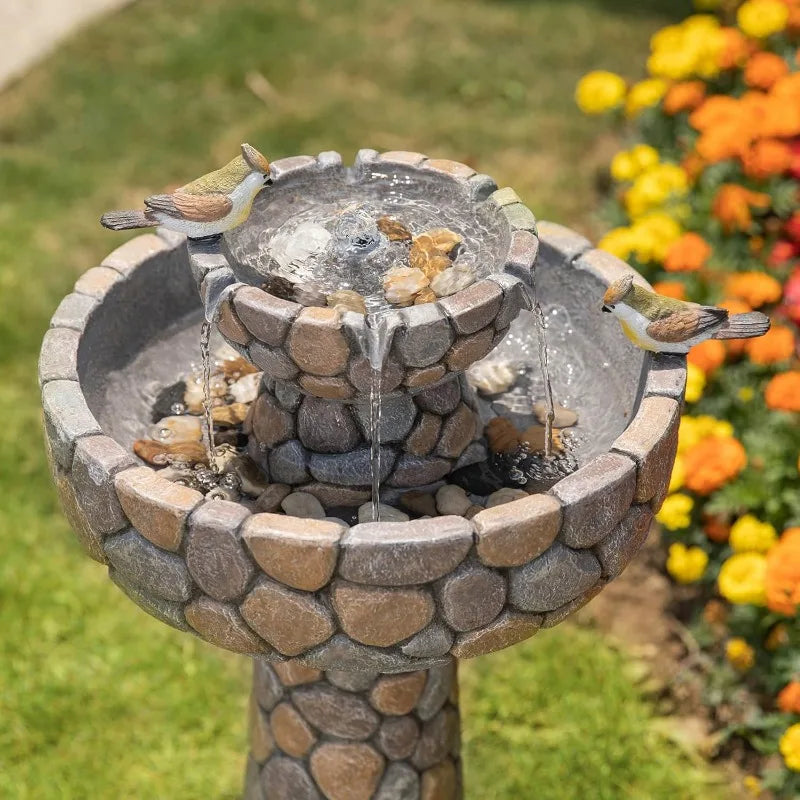 Stone Like Outdoor Water Fountain Bird Bath Patio Fountain Freestanding Waterfall Fountain with Birds Decor