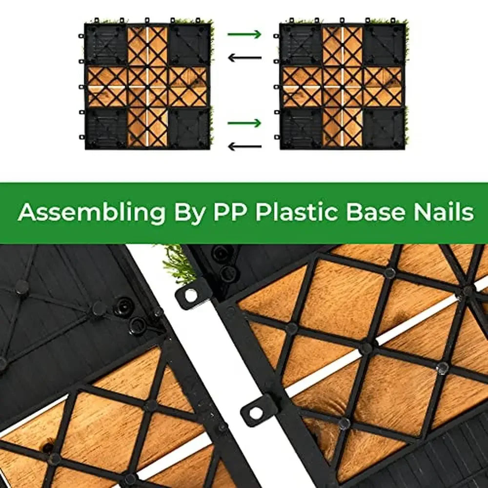 12 Inch by 12 Inch Artificial Grass Tiles Acacia Wood Deck Home Patio Kitchen Outdoor Garden Decor Set of 9 Tiles Natural Feel Soft