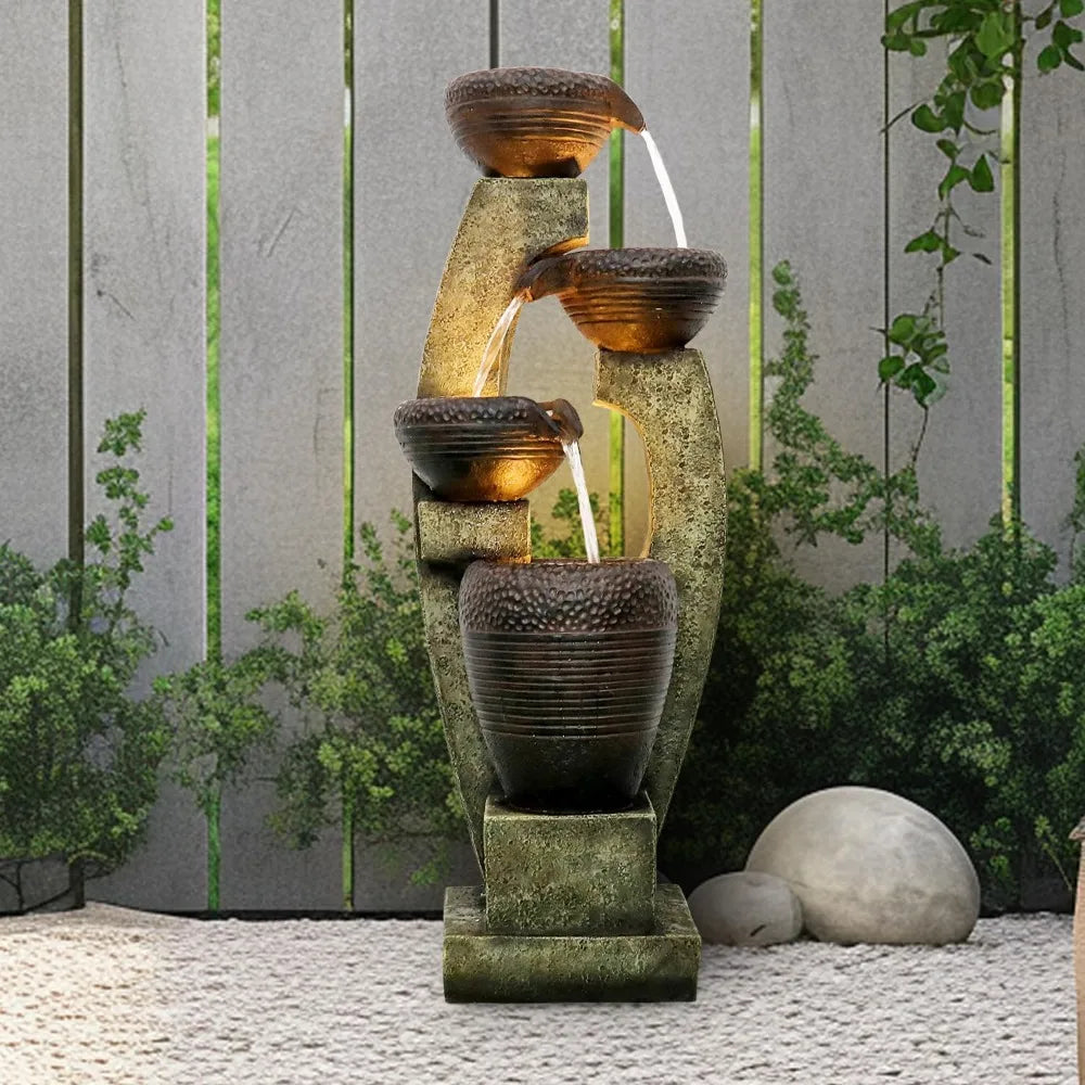 40 Inch Modern Outdoor Fountain with Four Crocks Contemporary Design for Garden Patio Deck and Porch