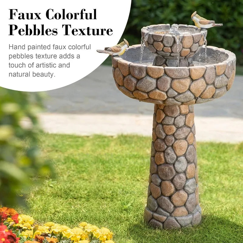 Stone Like Outdoor Water Fountain Bird Bath Patio Fountain Freestanding Waterfall Fountain with Birds Decor