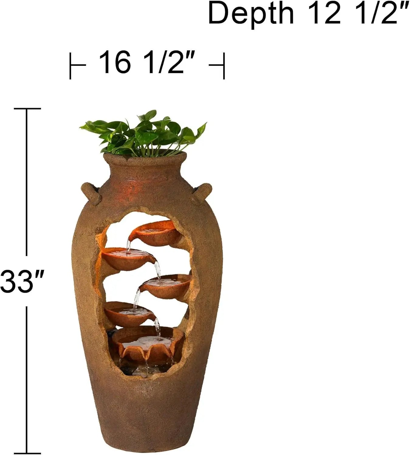 Cascade Rustic Outdoor Floor Urn Waterfall Fountain 33 Inch High with LED Light and Planter Decor for Garden Patio Yard Deck Home