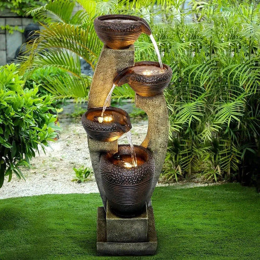 40 Inch Modern Outdoor Fountain with Four Crocks Contemporary Design for Garden Patio Deck and Porch
