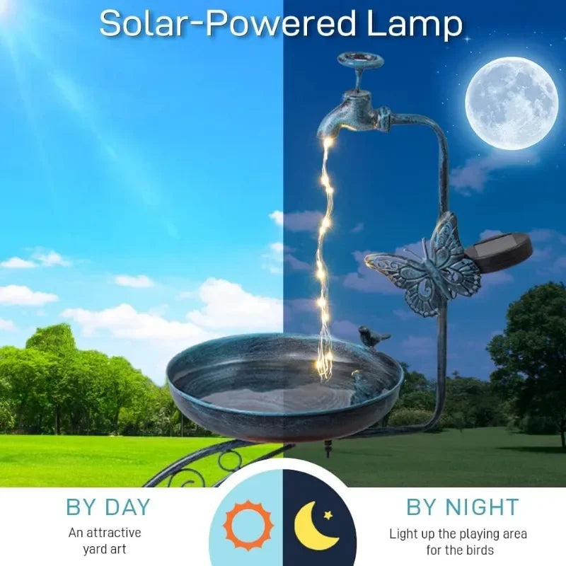 Blue Bird Baths for Outdoors Metal Garden Bird Bath with Solar Lamp Vintage S Shape Birdbaths and Flower Planter