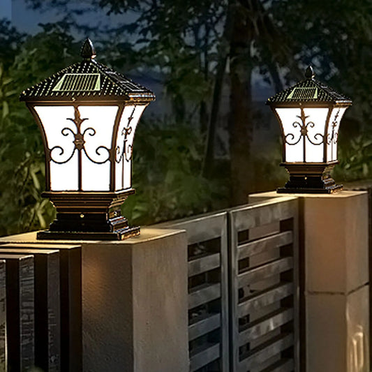 Solar Powered LED Post Light Black Waterproof Garden Lantern Outdoor Aluminum Pillar Lamp
