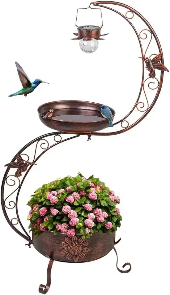 Blue Bird Baths for Outdoors Metal Garden Bird Bath with Solar Lamp Vintage S Shape Birdbaths and Flower Planter