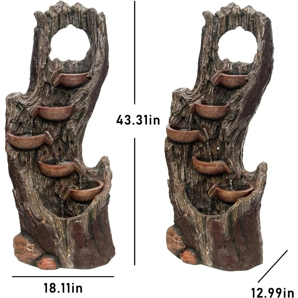 6-Tier Floor Cascading Waterfall Fountain Outdoor Indoor Tree Trunk Water Garden Fountain with LED Lights