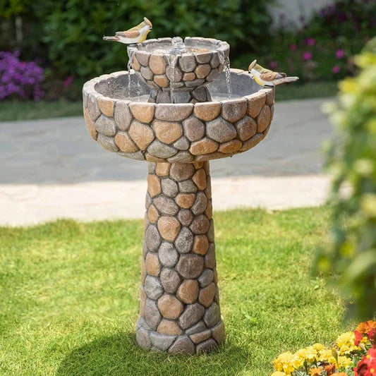 Stone Like Outdoor Water Fountain Bird Bath Patio Fountain Freestanding Waterfall Fountain with Birds Decor
