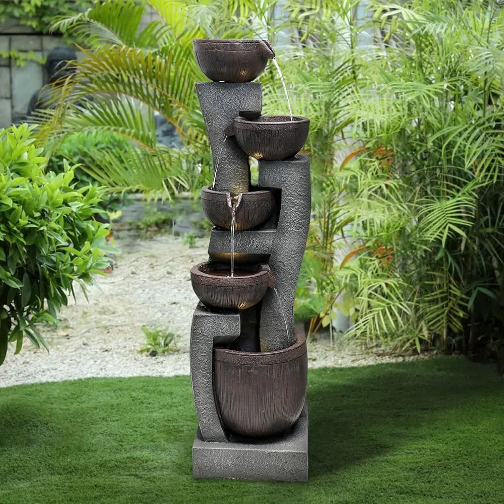 43.7 Inch Indoor Outdoor Modern Water Fountain Five Tiers Garden Cascading Fountain with Lights and Pump Curve Shape Floor Standing