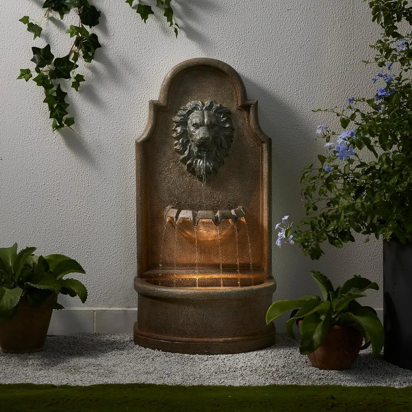 Stone Like Outdoor Water Fountain Bird Bath Patio Fountain Freestanding Waterfall Fountain with Birds Decor