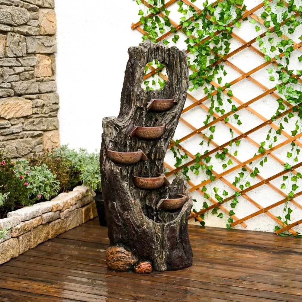 6-Tier Floor Cascading Waterfall Fountain Outdoor Indoor Tree Trunk Water Garden Fountain with LED Lights