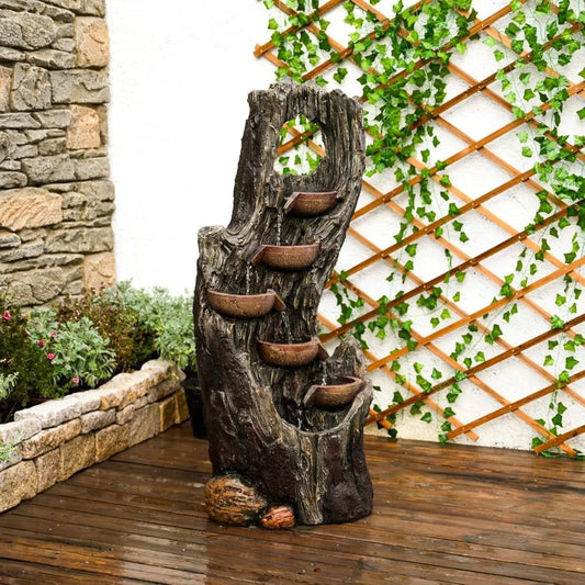 6-Tier Floor Cascading Waterfall Fountain Outdoor Indoor Tree Trunk Water Garden Fountain with LED Lights