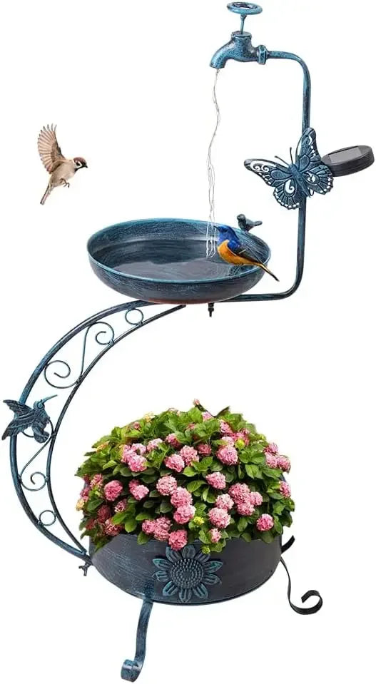 Blue Bird Baths for Outdoors Metal Garden Bird Bath with Solar Lamp Vintage S Shape Birdbaths and Flower Planter