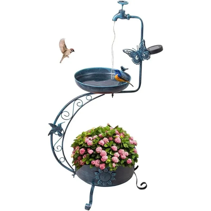 Blue Bird Baths for Outdoors Metal Garden Bird Bath with Solar Lamp Vintage S Shape Birdbaths and Flower Planter