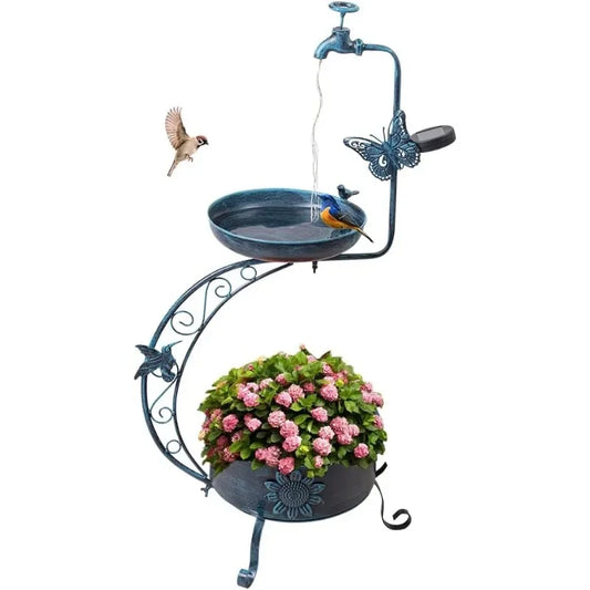 Blue Bird Baths for Outdoors Metal Garden Bird Bath with Solar Lamp Vintage S Shape Birdbaths and Flower Planter