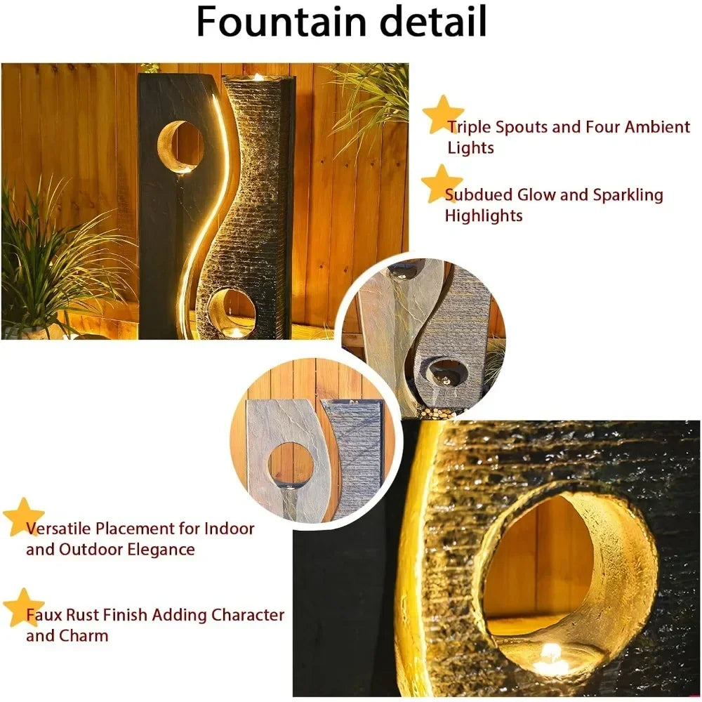 Outdoor Water Fountain Garden Feature - Large Freestanding Modern Waterfall Design with Faux Rust Finish