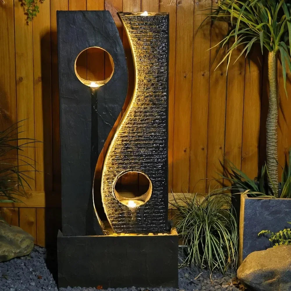 Outdoor Water Fountain Garden Feature - Large Freestanding Modern Waterfall Design with Faux Rust Finish