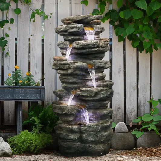 40 Inch High 6 Tiers Cascading Rock Outdoor Water Fountain with LED Lights Large Outdoor Fountains and Waterfalls