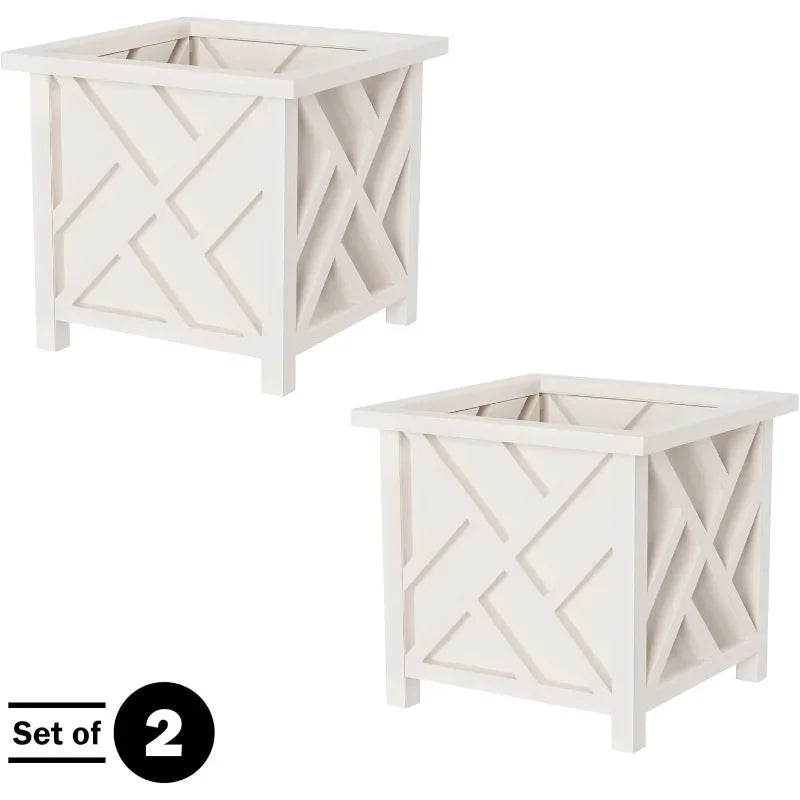 Lattice Design Planter Box 2 Pack 14.75 Inch Decorative Outdoor Flower Pots for Front Porch Patio and Garden Decor