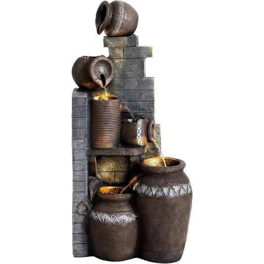 39.3 Inch Tall Outdoor Water Fountain Garden Waterfalls with LED Lights 6 Tier Modern Indoor Outdoor Floor Standing Design