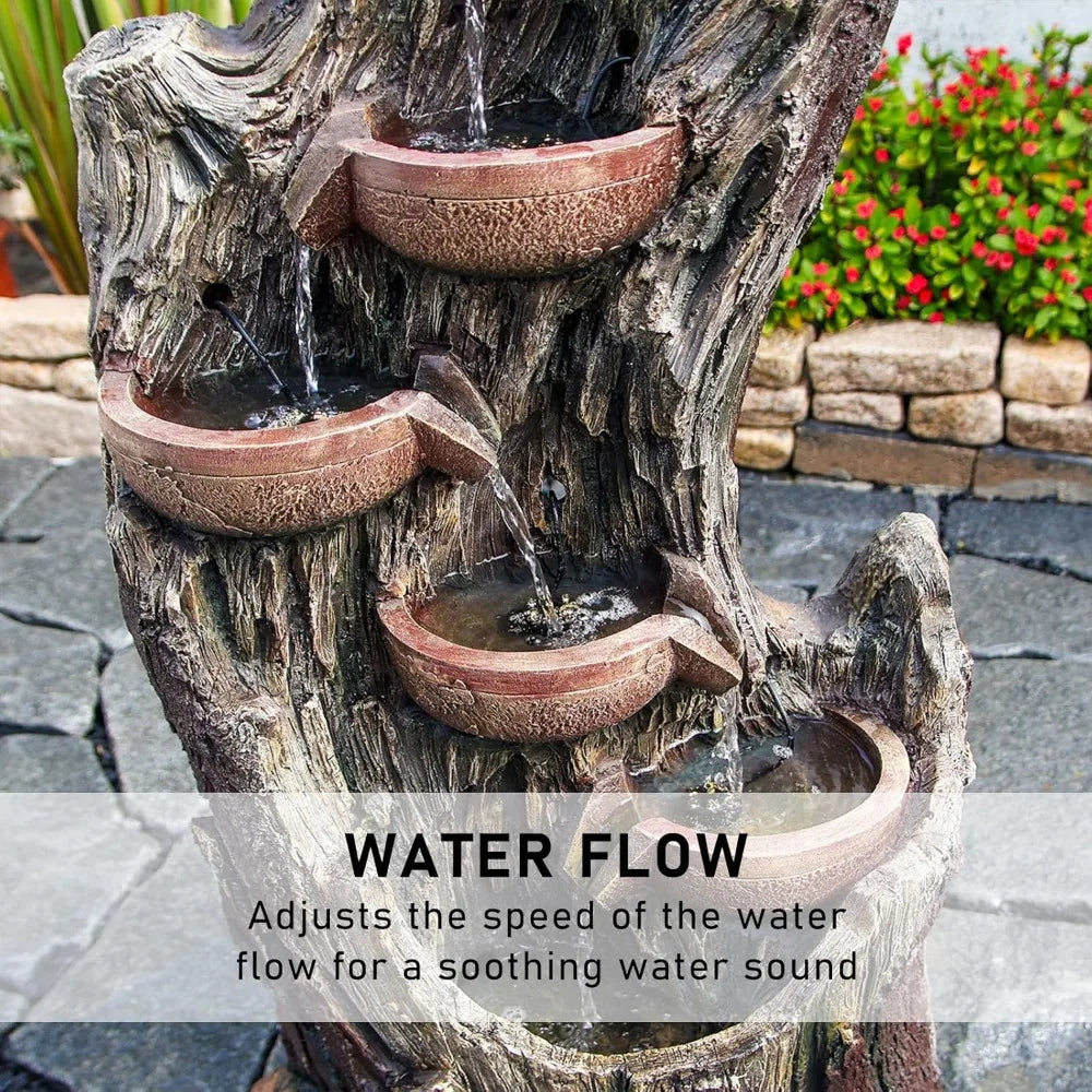 6-Tier Floor Cascading Waterfall Fountain Outdoor Indoor Tree Trunk Water Garden Fountain with LED Lights