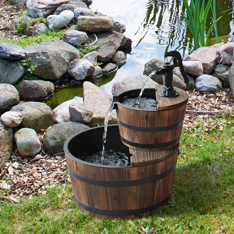 Wood Freestanding Fountain with Two Tier Waterfall Barrel Electric Pump for Garden Decor Lawn Backyard