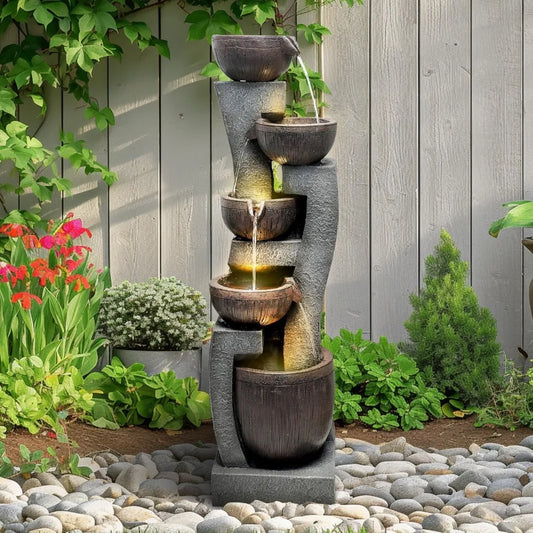 43.7 Inch Indoor Outdoor Modern Water Fountain Five Tiers Garden Cascading Fountain with Lights and Pump Curve Shape Floor Standing