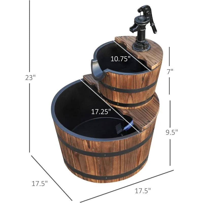 Wood Freestanding Fountain with Two Tier Waterfall Barrel Electric Pump for Garden Decor Lawn Backyard