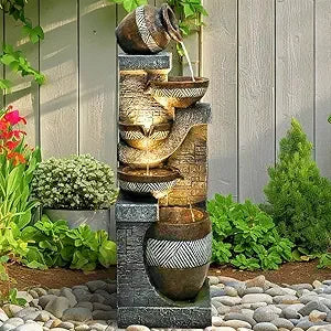 43.7 Inch Indoor Outdoor Modern Water Fountain Five Tiers Garden Cascading Fountain with Lights and Pump Curve Shape Floor Standing