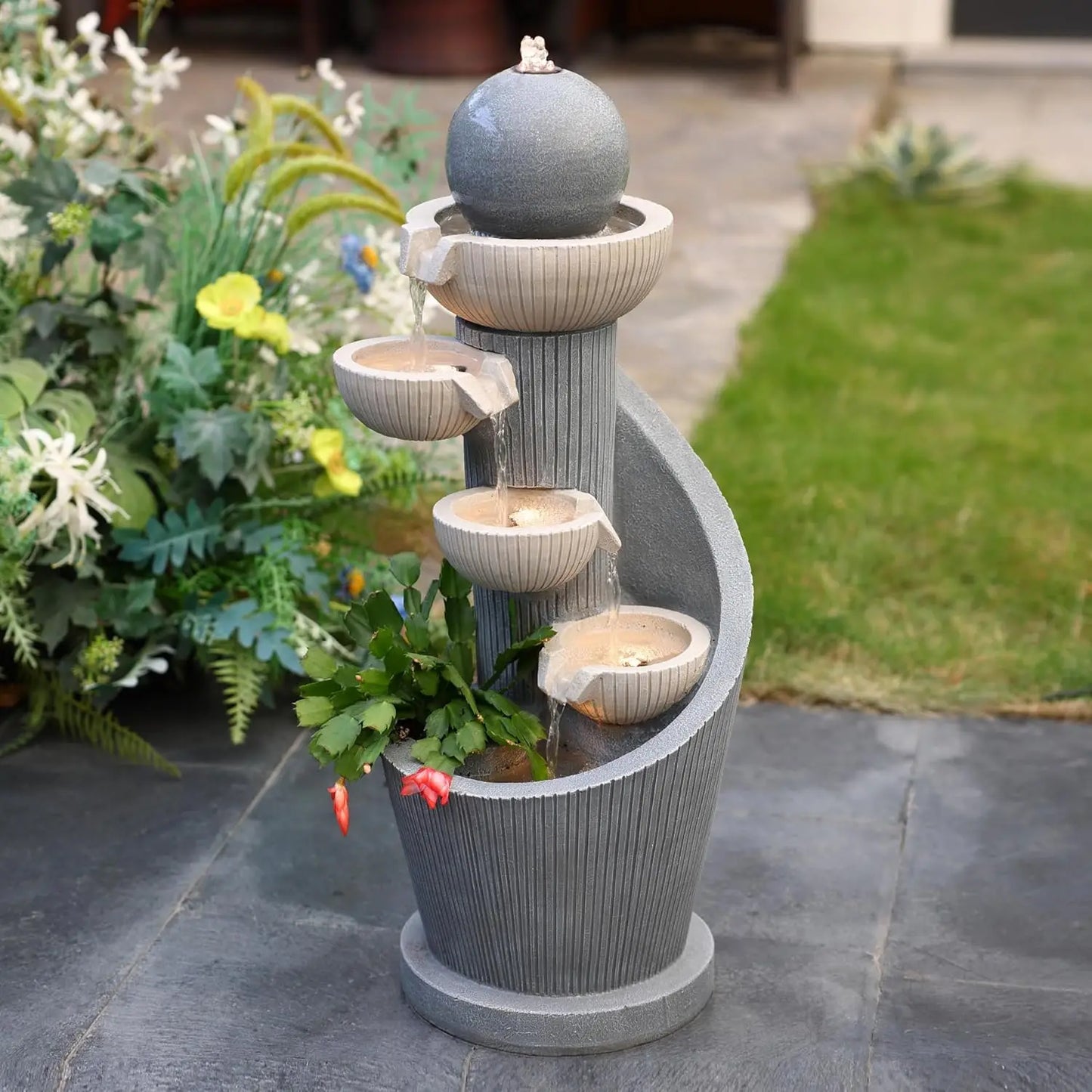 Resin Cascading Spiral Outdoor Patio Garden Fountain with Lights for Backyard Deck and Lawn