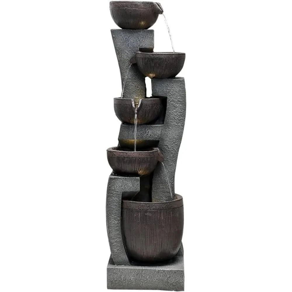 43.7 Inch Indoor Outdoor Modern Water Fountain Five Tiers Garden Cascading Fountain with Lights and Pump Curve Shape Floor Standing