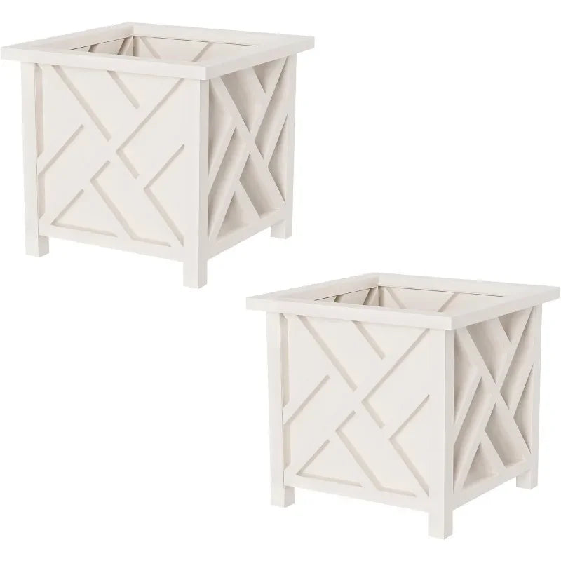 Lattice Design Planter Box 2 Pack 14.75 Inch Decorative Outdoor Flower Pots for Front Porch Patio and Garden Decor