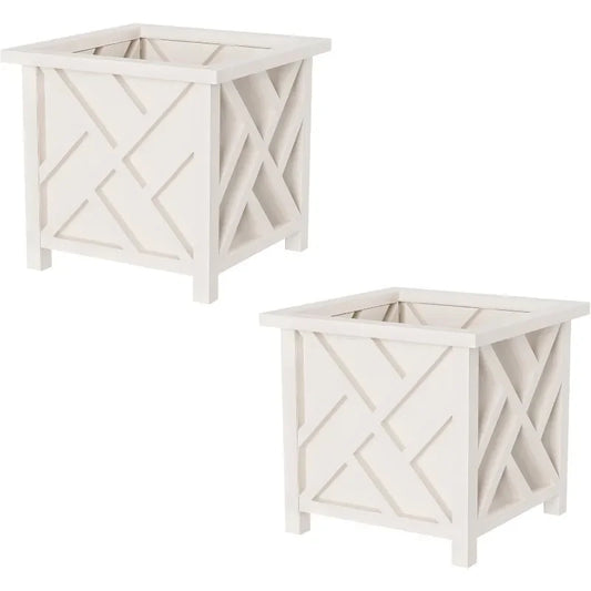 Lattice Design Planter Box 2 Pack 14.75 Inch Decorative Outdoor Flower Pots for Front Porch Patio and Garden Decor