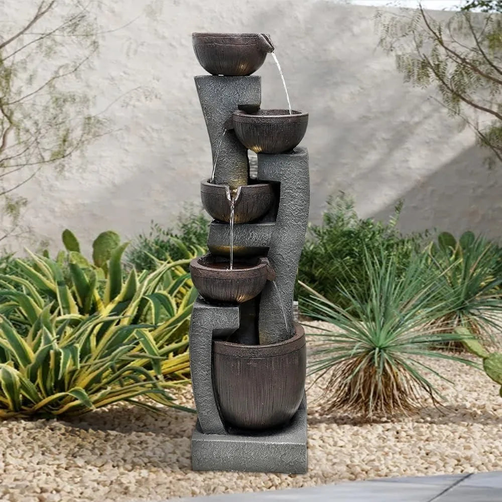 43.7 Inch Indoor Outdoor Modern Water Fountain Five Tiers Garden Cascading Fountain with Lights and Pump Curve Shape Floor Standing