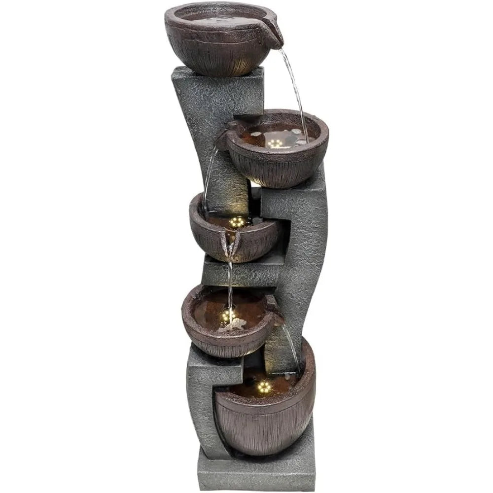 43.7 Inch Indoor Outdoor Modern Water Fountain Five Tiers Garden Cascading Fountain with Lights and Pump Curve Shape Floor Standing