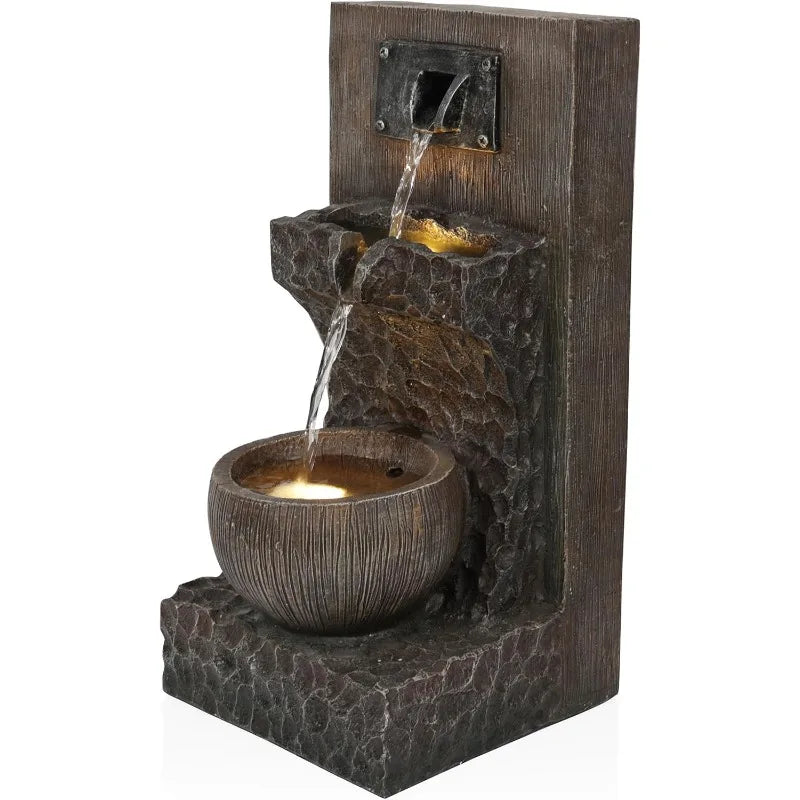 ZDQ108 Indoor Outdoor 3 Tier Fountain with LED Lights Cascading Garden Water Fountain 20 Inches High