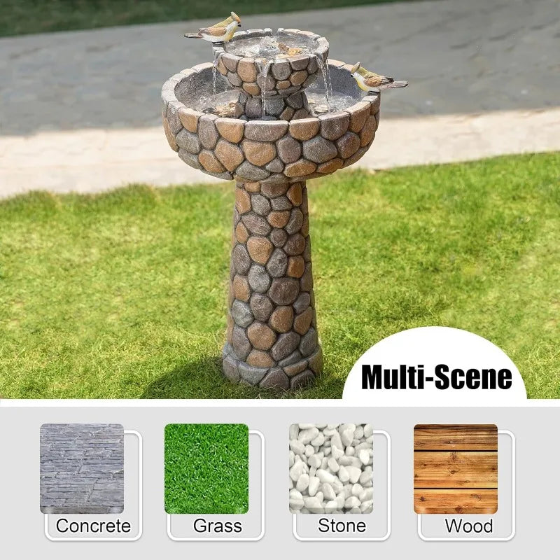 Stone Like Outdoor Water Fountain Bird Bath Patio Fountain Freestanding Waterfall Fountain with Birds Decor