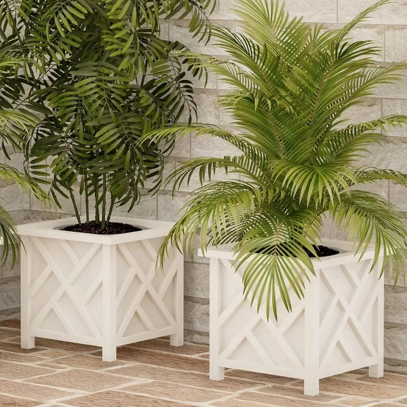 Lattice Design Planter Box 2 Pack 14.75 Inch Decorative Outdoor Flower Pots for Front Porch Patio and Garden Decor