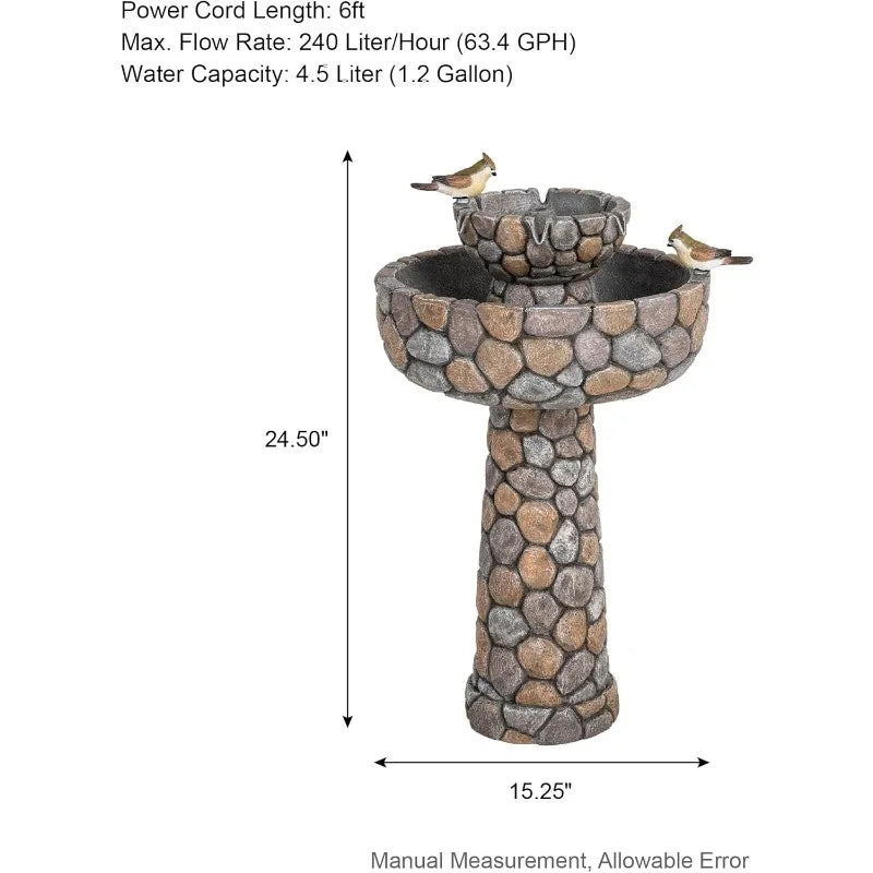 Stone Like Outdoor Water Fountain Bird Bath Patio Fountain Freestanding Waterfall Fountain with Birds Decor